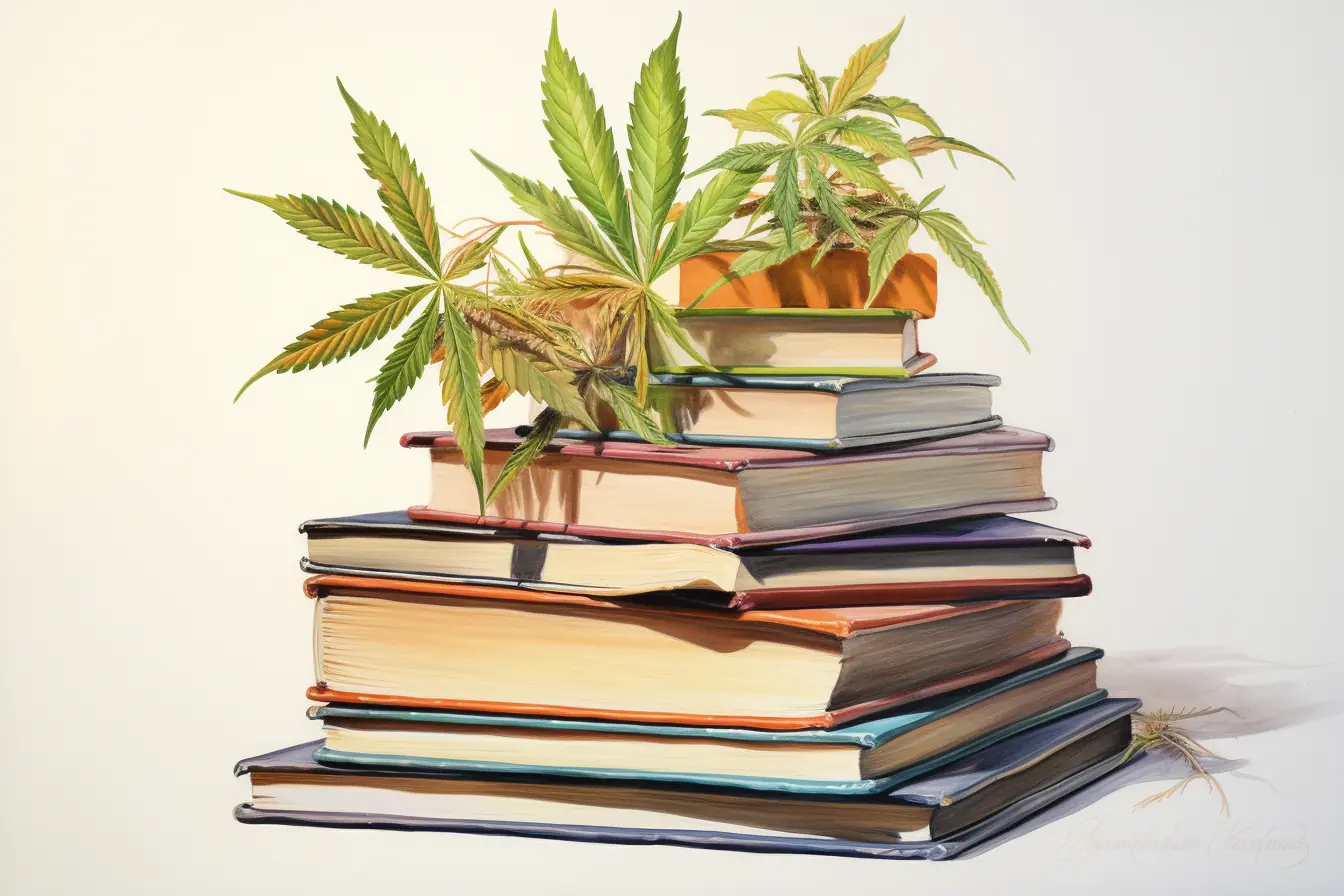 Ein Stapel von Büchern in verschiedenen Farben ist mit grünen Cannabisblättern bedeckt, die eine Pflanze darstellen, die viele Namen hat.